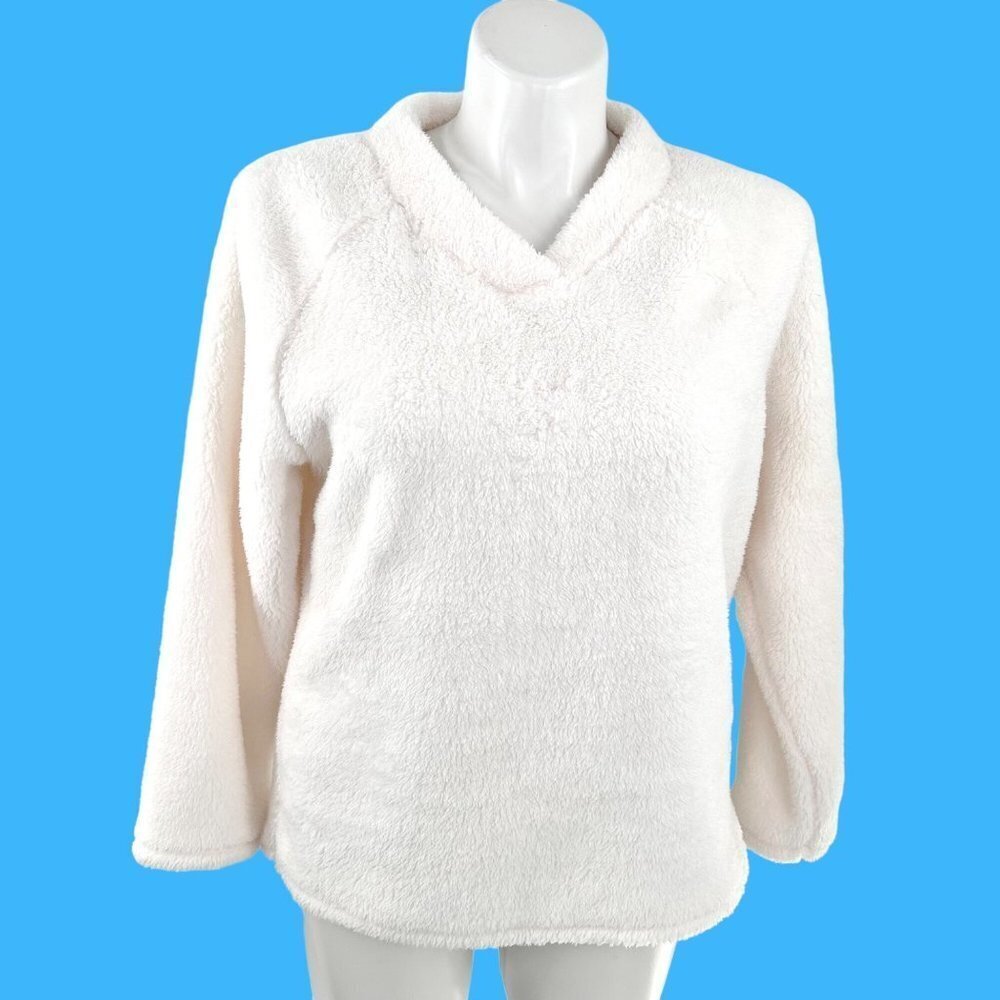 WHITE CUDDL DUDS FUZZY SNUGGLY PLUSH V-NECK PULLOVER TOP - PL